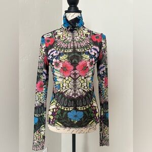 AFRM Colorful Tattoo Mesh Floral Long Sleeve Top